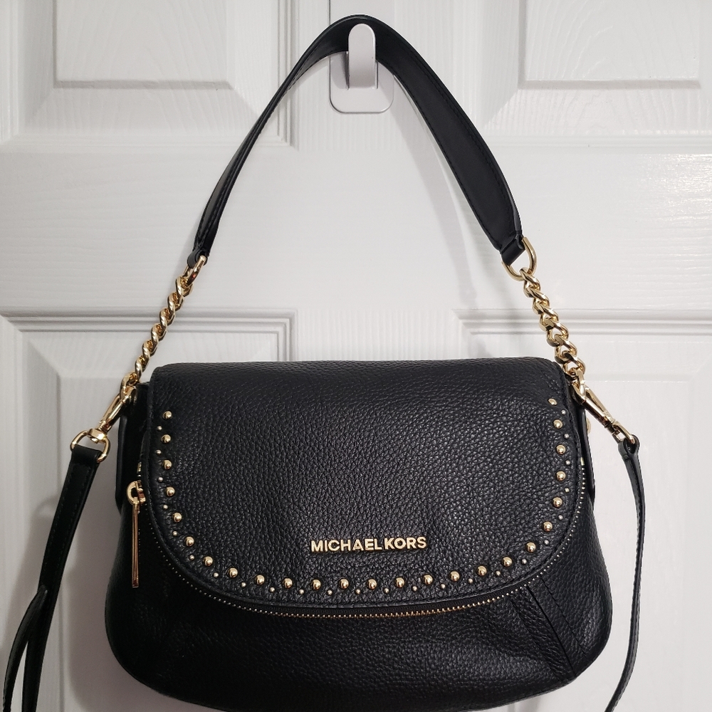 Michael Kors Black Leather Crossbody Bag with Gold Hardware
